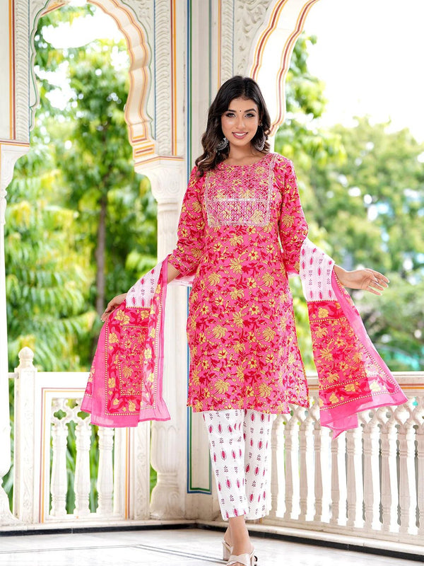 Embroidered and Printed Pink Women Kurta Pyjama Dupatta Set in Viscose Rayon