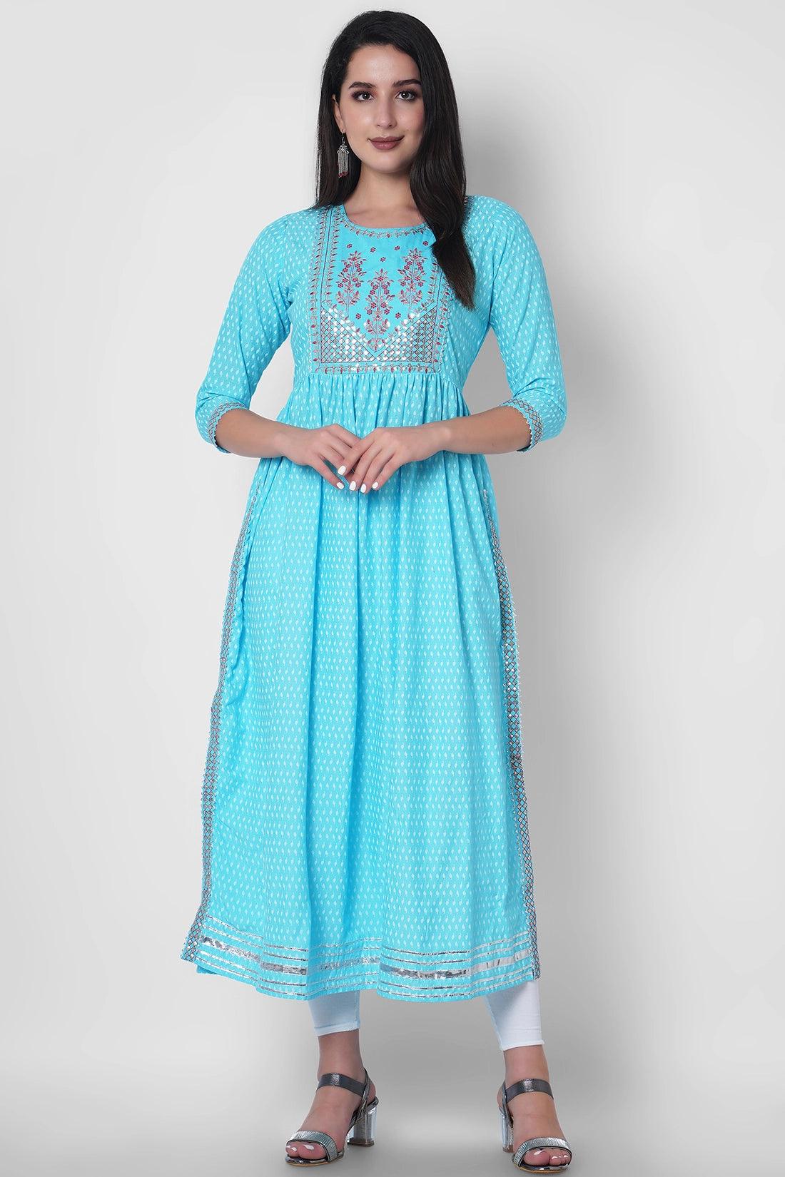Embroidered and Printed Sky Blue Women Anarkali Kurta in Viscose Rayon