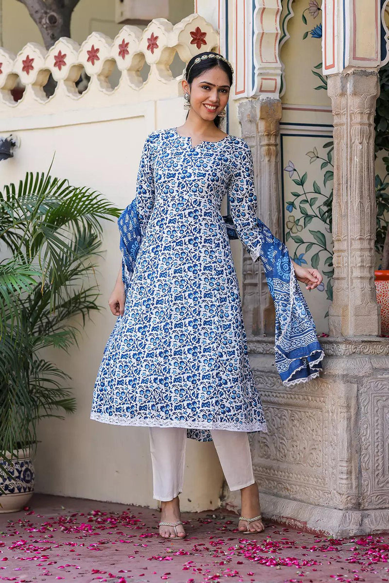 Floral Printed Pure Cotton Women's Kurta Pant Dupatta Set 