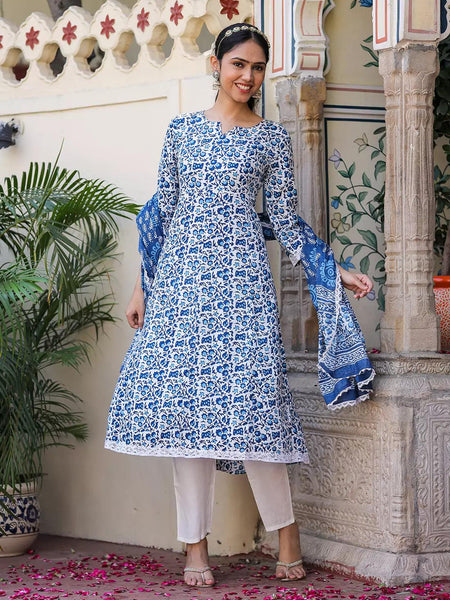 Floral Printed Pure Cotton Women's Kurta Pant Dupatta Set 