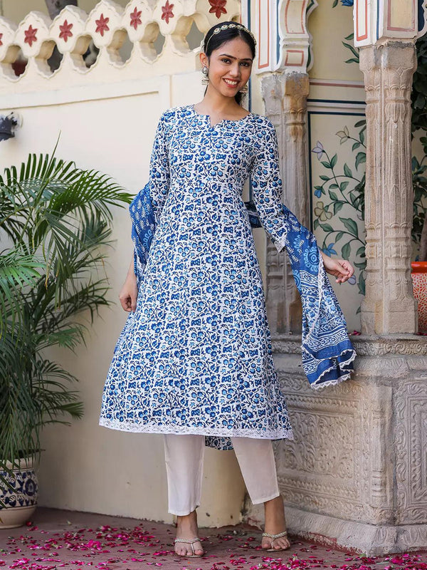 Floral Printed Pure Cotton Women's Kurta Pant Dupatta Set 