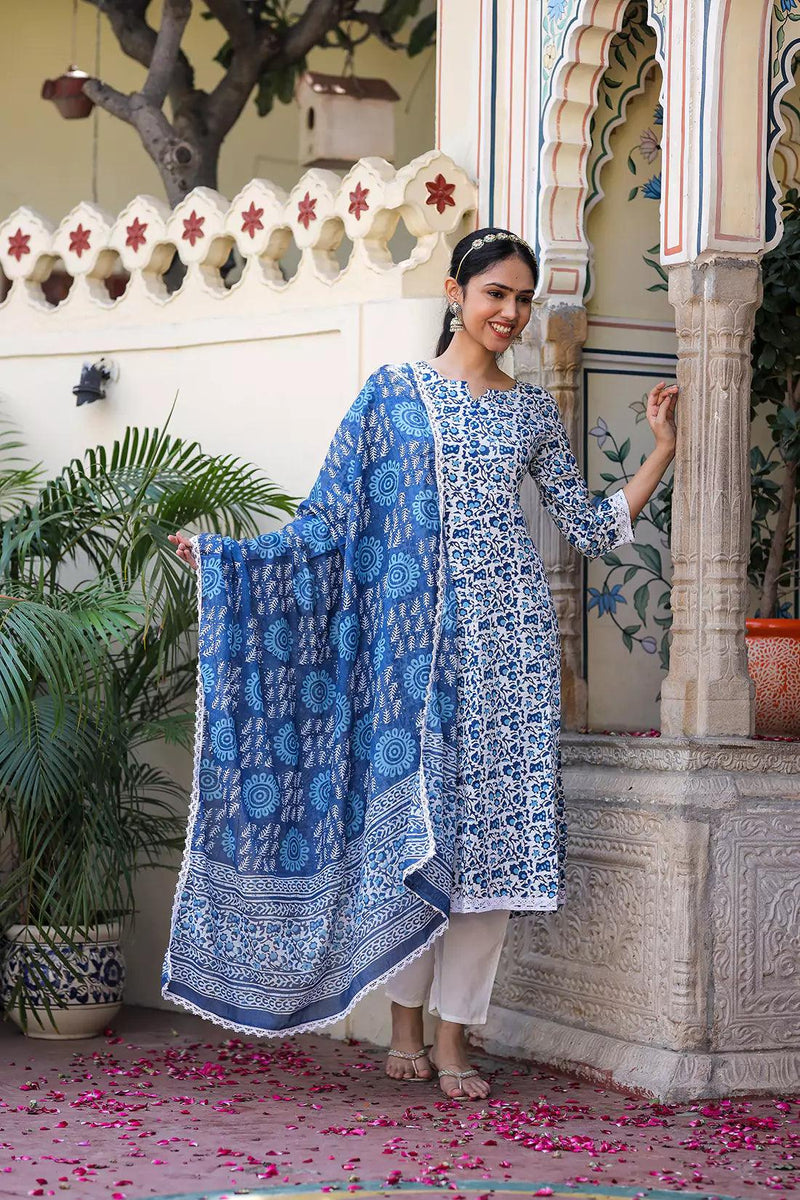 Floral Printed Pure Cotton Women's Kurta Pant Dupatta Set