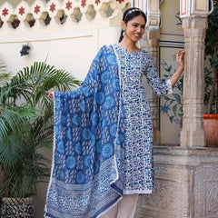 Floral Printed Pure Cotton Women's Kurta Pant Dupatta Set
