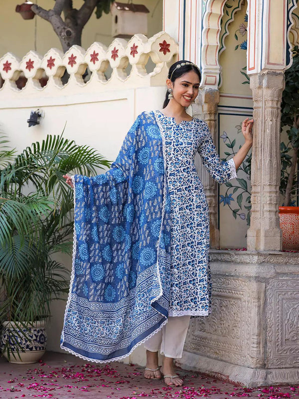 Floral Printed Pure Cotton Women's Kurta Pant Dupatta Set