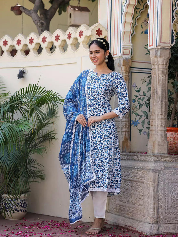 Floral Printed Pure Cotton Women's Kurta Pant Dupatta Set