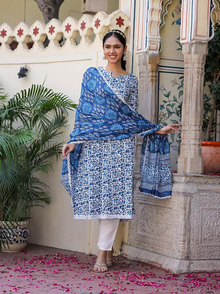 Floral Printed Pure Cotton Women's Kurta Pant Dupatta Set