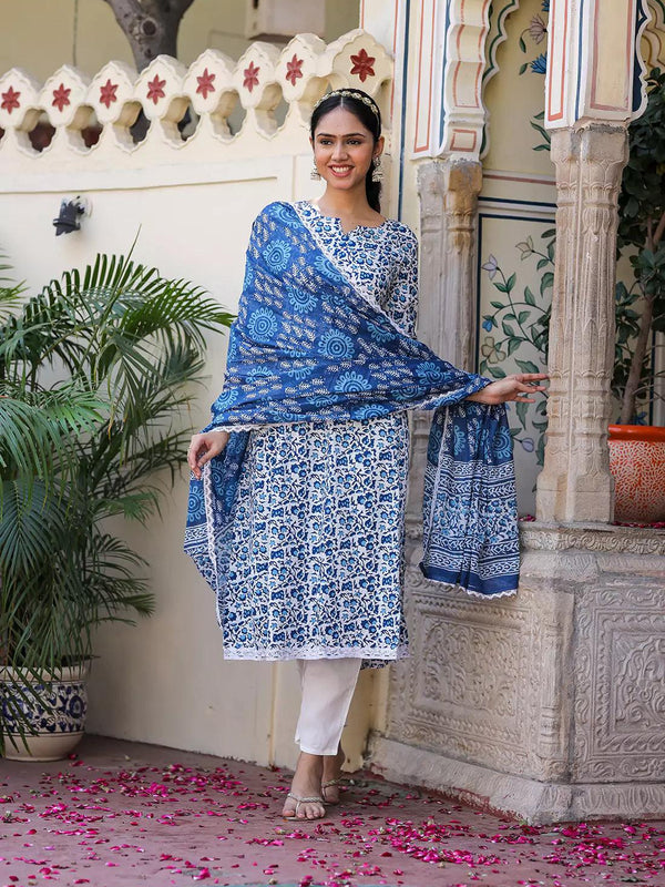 Floral Printed Pure Cotton Women's Kurta Pant Dupatta Set
