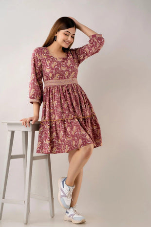 Floral Printed A-Line Cotton Women Dress in Maroon