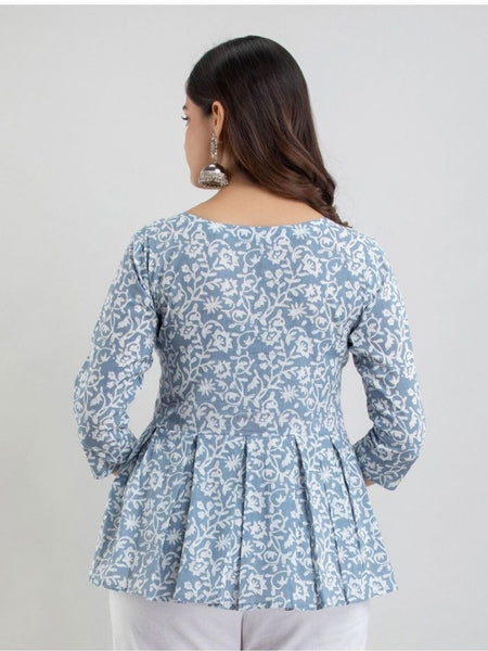 Floral Printed Pleated Pure Cotton A-Line Kurti