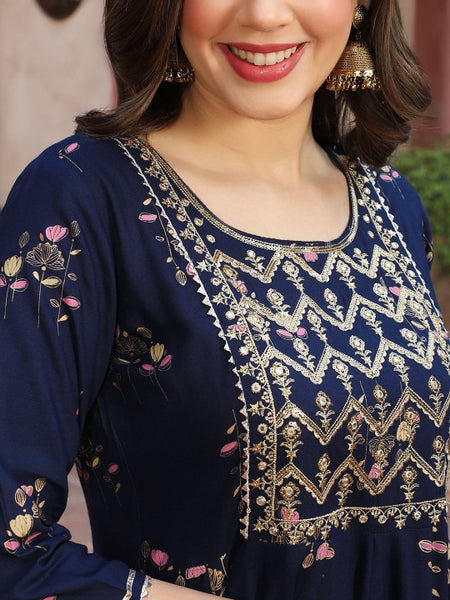 Women’s Ethnic Floral Printed with Embroidered Yoke Anarkali Kurta