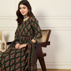 Women’s Green Anarkali Kurta Set with Dupatta