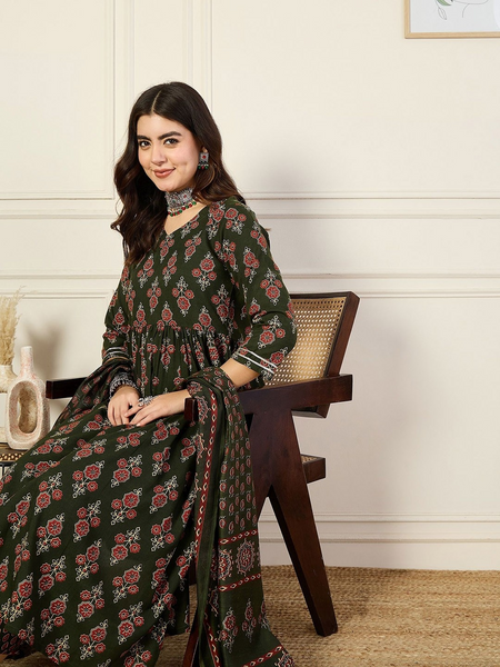 Women’s Green Anarkali Kurta Set with Dupatta
