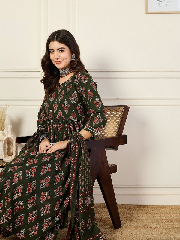 Women’s Green Anarkali Kurta Set with Dupatta