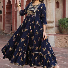 Women’s Ethnic Floral Printed with Embroidered Yoke Anarkali Kurta