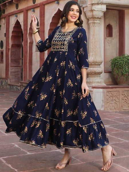 Women’s Ethnic Floral Printed with Embroidered Yoke Anarkali Kurta