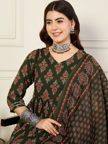 Women’s Green Anarkali Kurta Set with Dupatta