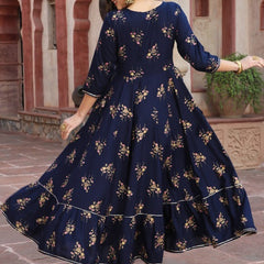 Women’s Ethnic Floral Printed with Embroidered Yoke Anarkali Kurta