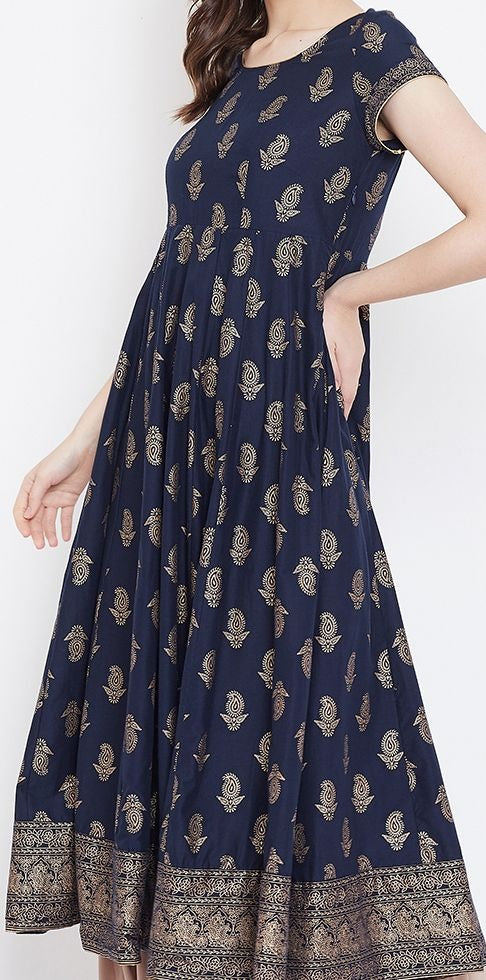 Elegant Navy Blue Printed Anarkali Dress for Women