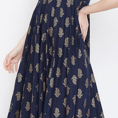 Elegant Navy Blue Printed Anarkali Dress for Women