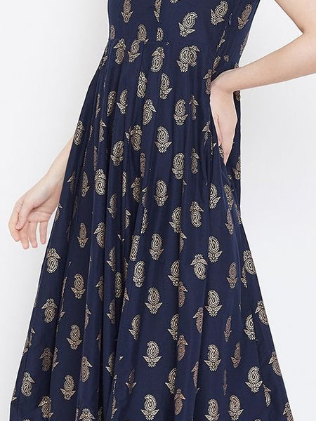 Elegant Navy Blue Printed Anarkali Dress for Women