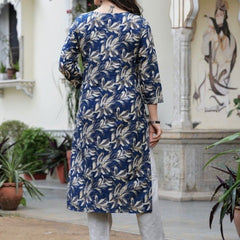 Women’s Blue Floral Print with V-Neck | Elegant Ethnic Wear  A-Line Kurta