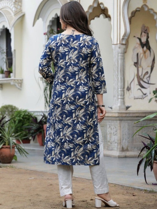 Blue Floral Print with V-Neck Kurta