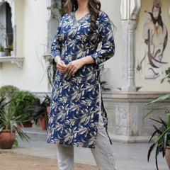 Women’s Blue Floral Print with V-Neck | Elegant Ethnic Wear  A-Line Kurta