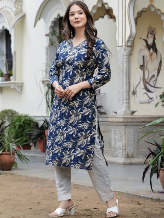 Blue Floral Print with V-Neck Kurta