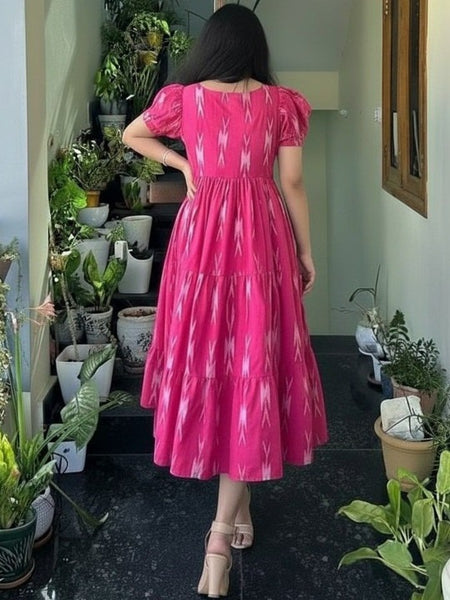 Women’s Pink Ikat Printed Anarkali Style Long Flared Kurta