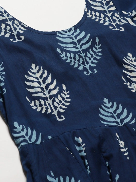 Navy Blue Printed Anarkali Dress for Women | Flared Ethnic Maxi Dress with Bell Sleeves