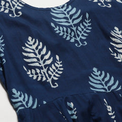 Navy Blue Printed Anarkali Dress for Women | Flared Ethnic Maxi Dress with Bell Sleeves