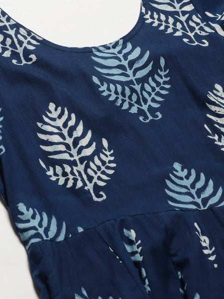 Elegant Navy Blue Printed Anarkali Maxi Dress with Flared Silhouette & Bell Sleeves