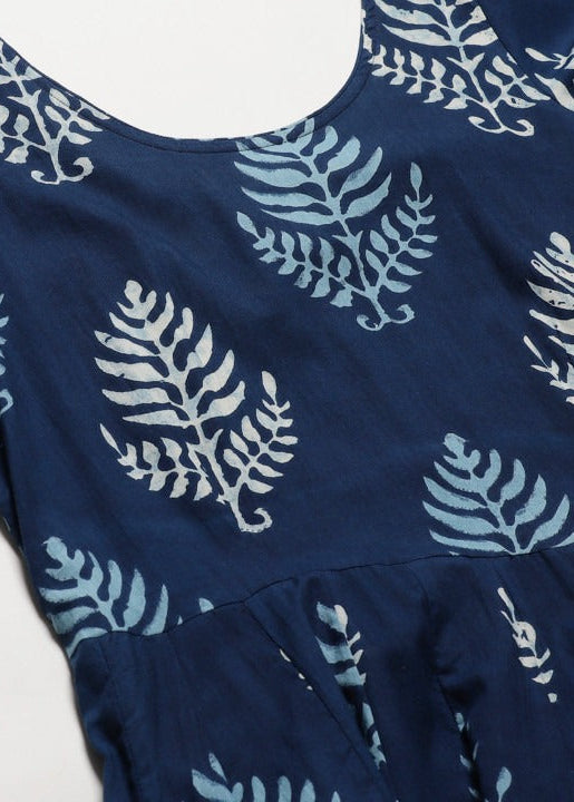 Elegant Navy Blue Printed Anarkali Maxi Dress with Flared Silhouette & Bell Sleeves