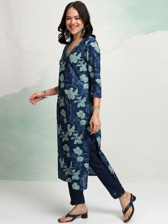 Blue Floral Printed Straight Kurta for Women | Ethnic Kurta