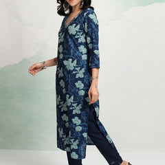 Blue Floral Printed Straight Kurta for Women | Ethnic Kurta