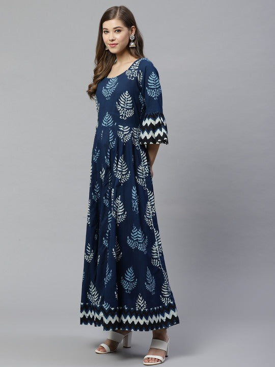 Navy Blue Printed Anarkali Dress for Women | Flared Ethnic Maxi Dress with Bell Sleeves