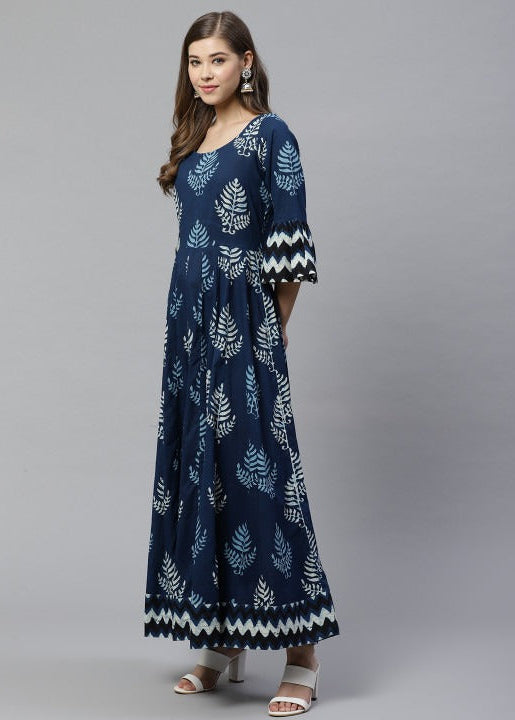 Elegant Navy Blue Printed Anarkali Maxi Dress with Flared Silhouette & Bell Sleeves