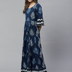 Navy Blue Printed Anarkali Dress for Women | Flared Ethnic Maxi Dress with Bell Sleeves