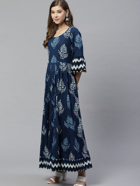 Elegant Navy Blue Printed Anarkali Maxi Dress with Flared Silhouette & Bell Sleeves