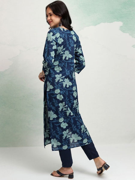 Blue Floral Printed Straight Kurta for Women | Ethnic Kurta