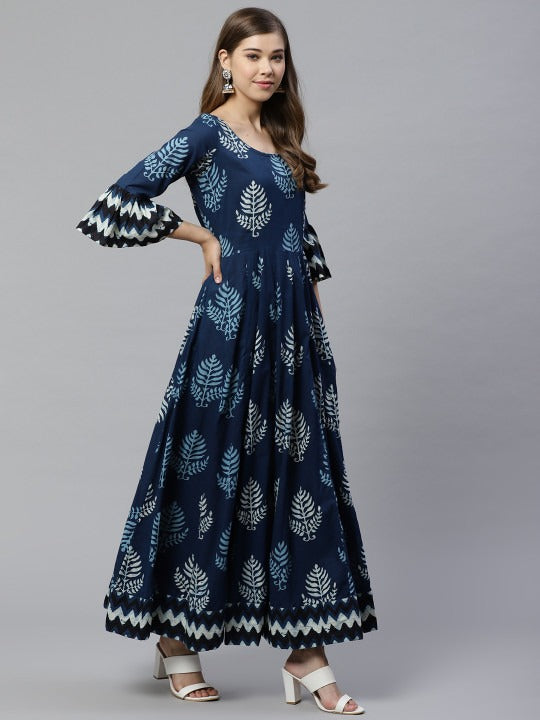 Navy Blue Printed Anarkali Dress for Women | Flared Ethnic Maxi Dress with Bell Sleeves