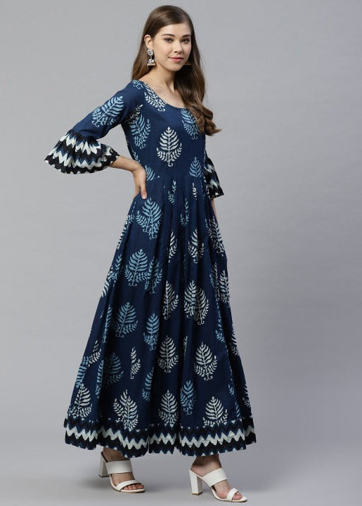 Elegant Navy Blue Printed Anarkali Maxi Dress with Flared Silhouette & Bell Sleeves