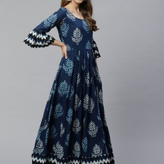 Navy Blue Printed Anarkali Dress for Women | Flared Ethnic Maxi Dress with Bell Sleeves