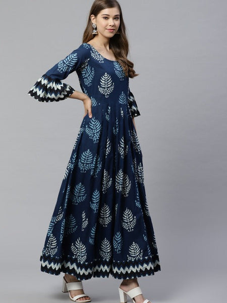 Elegant Navy Blue Printed Anarkali Maxi Dress with Flared Silhouette & Bell Sleeves