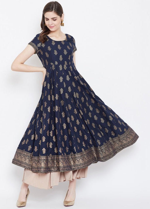 Elegant Navy Blue Printed Anarkali Dress for Women