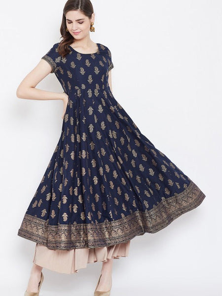Elegant Navy Blue Printed Anarkali Dress for Women