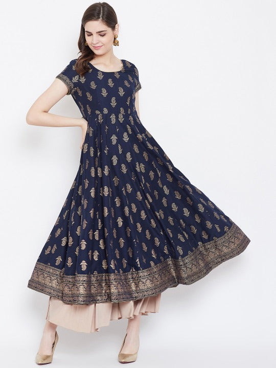 Elegant Navy Blue Printed Anarkali Dress for Women