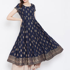 Elegant Navy Blue Printed Anarkali Dress for Women