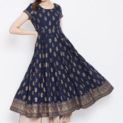 Elegant Navy Blue Printed Anarkali Dress for Women