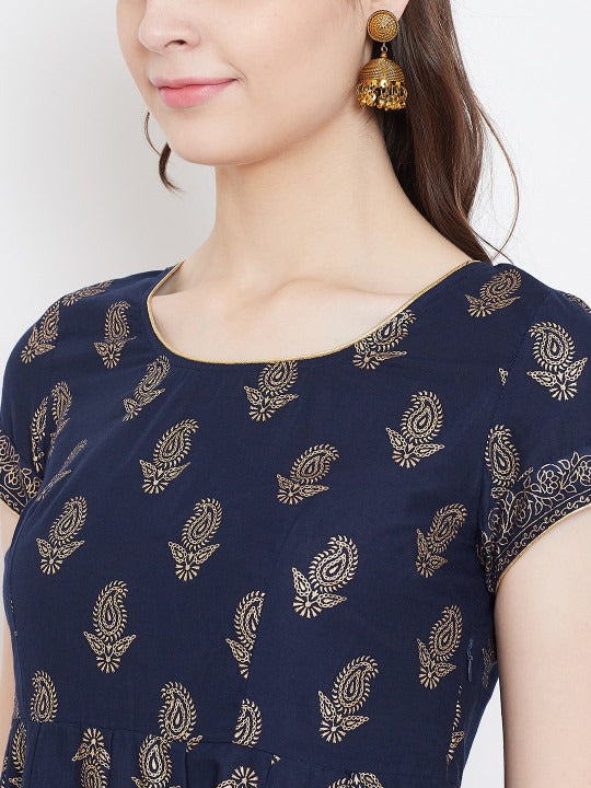 Elegant Navy Blue Printed Anarkali Dress for Women